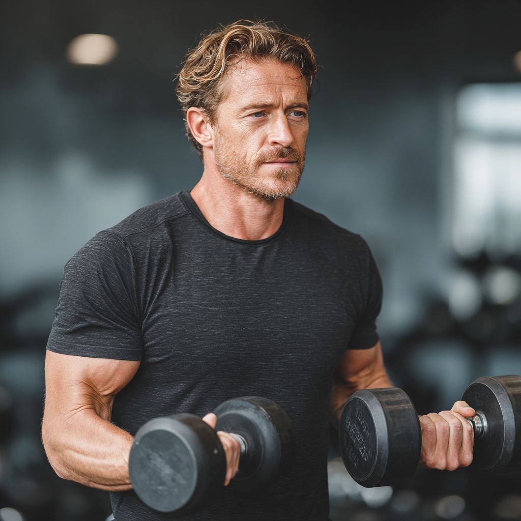 Athletic man in his 40s performing strength training with dumbbells in a well-equipped fitness facility, demonstrating proper form and concentration