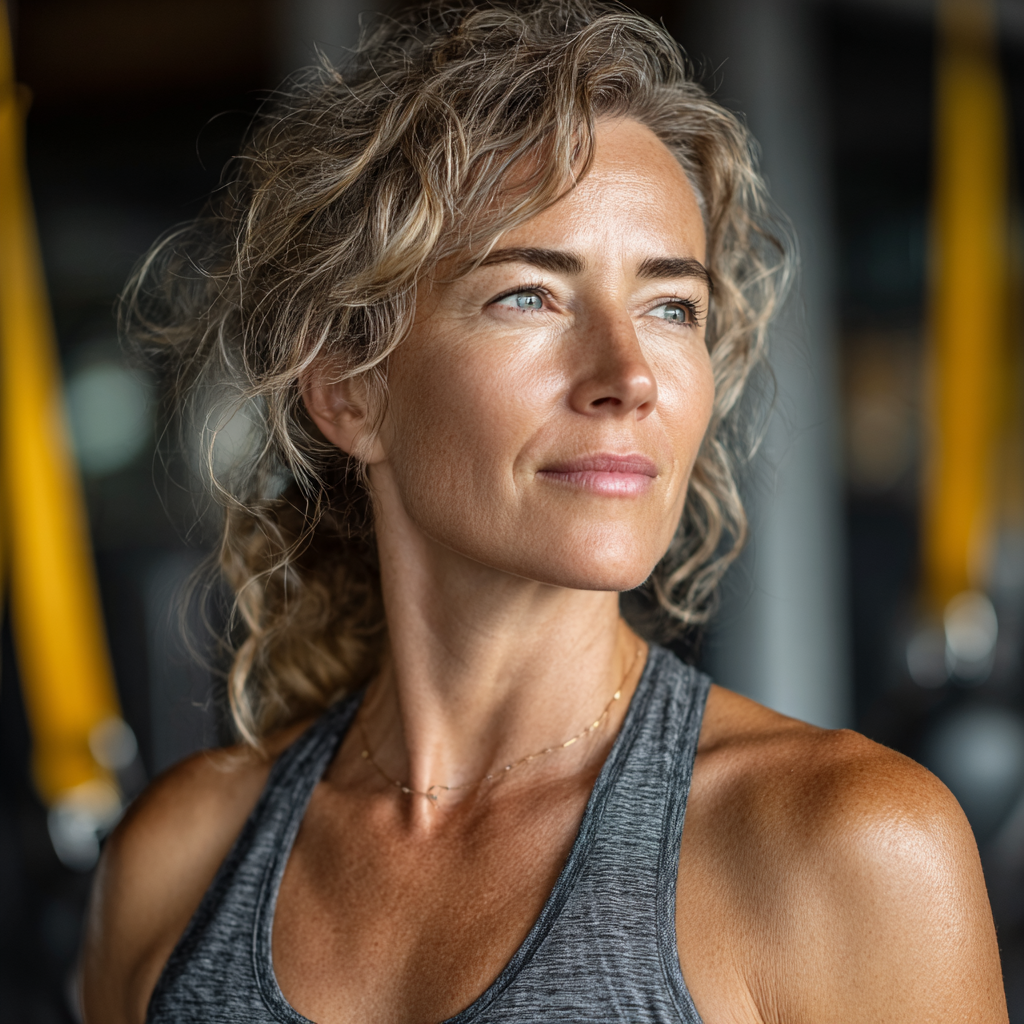 Confident middle-aged woman in her 50s wearing athletic wear, performing functional training exercises in a modern fitness studio with natural lighting